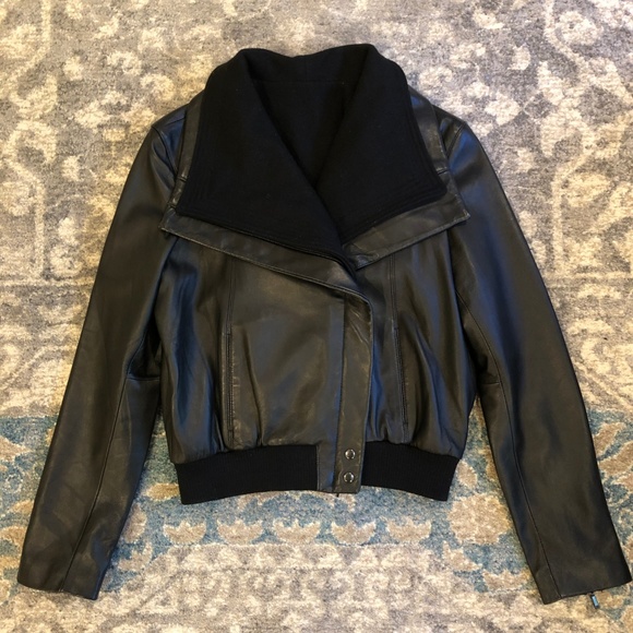 Black Leather Jacket with Oversized Moto Collar - Picture 2 of 8